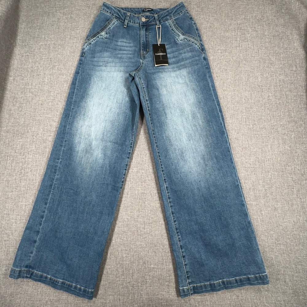 Flamingals Wide Leg Mid Waist Baggy Jeans Womens XS Blue Stitch Detail Y2K NEW - Picture 3 of 12